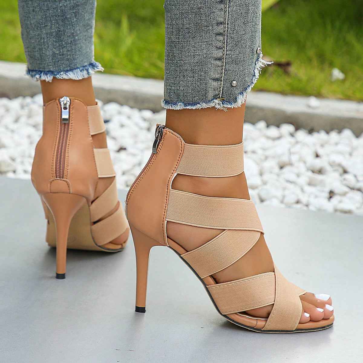 NoirStep | Black Strappy Stiletto Heels - Edgy Caged Night Out Sandals