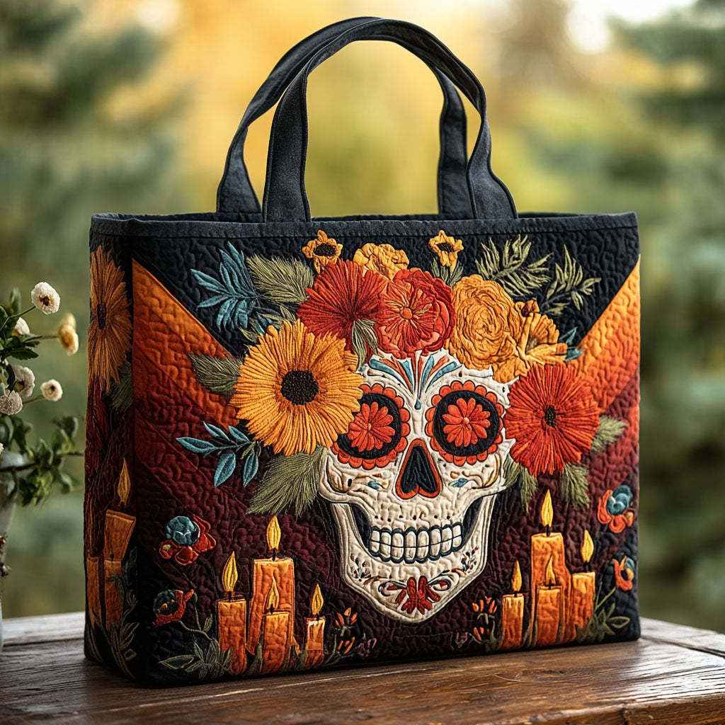 MysticStitch | Embroidered Sugar Skull Quilted Tote Bag - Day of the Dead Floral Handbag