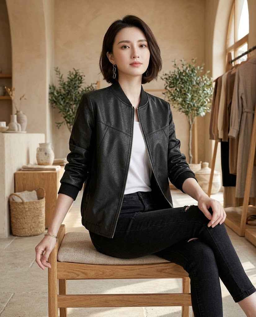 Faux Leather Biker Jacket with Zip Details for Women