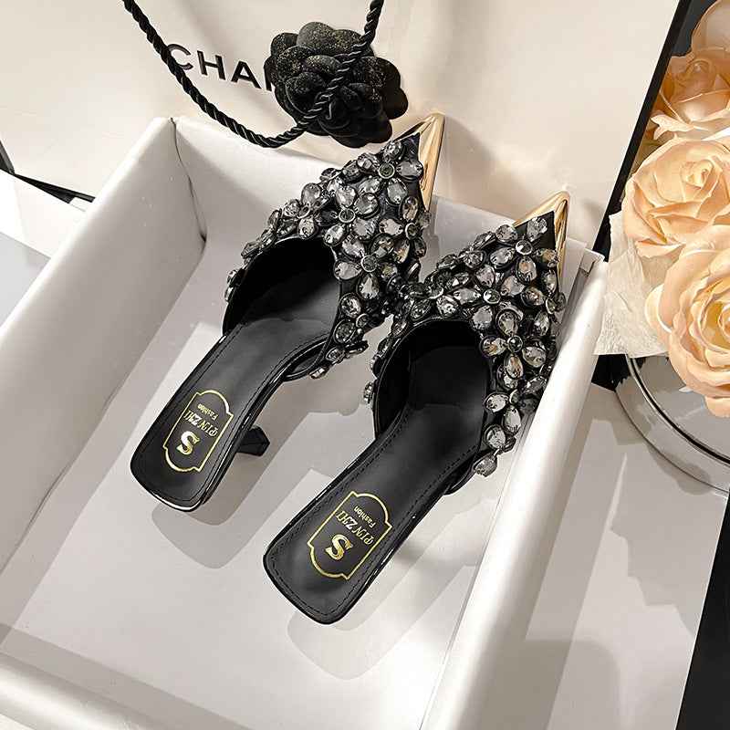 OnyxBloom | Black Crystal Embellished Mules - Glam Floral Pointed Toe Heels