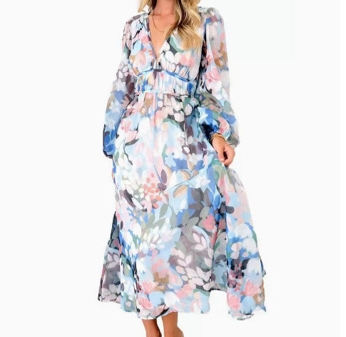 Bohemian printed long sleeve midi dress