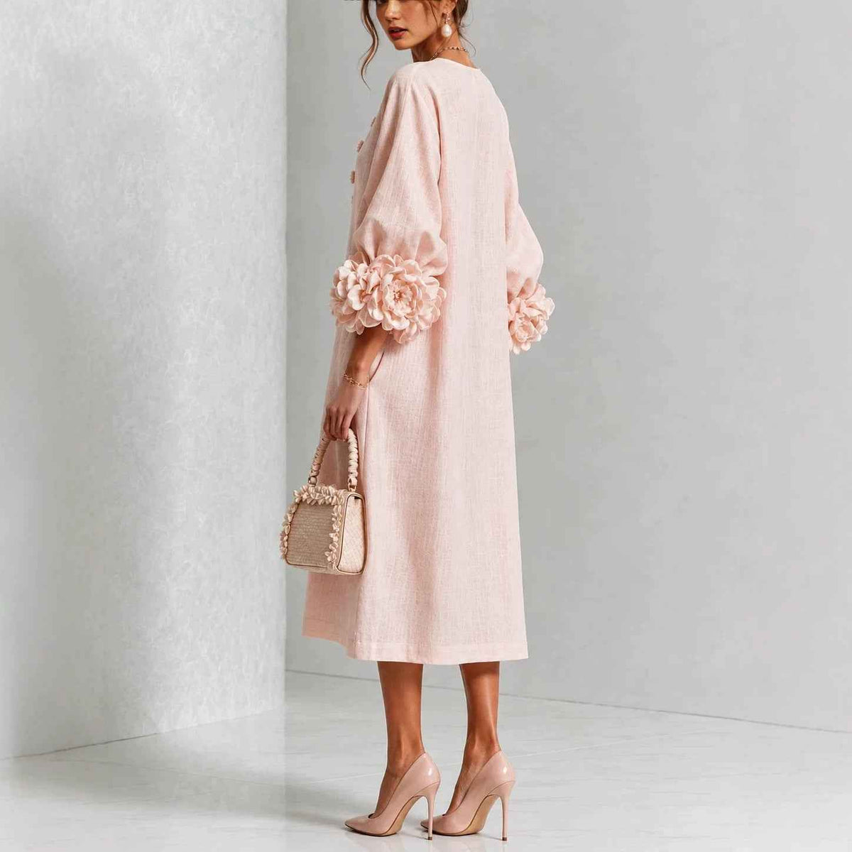 Women’s 3D Floral Linen Blend Midi Dress – French Style Lantern Sleeves