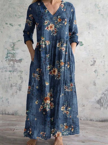 Womens V-Neck Printed Midi Dress