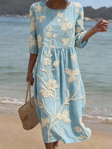 Women Casual Long Sleeve Round Neck Side Pocket Midi Dress