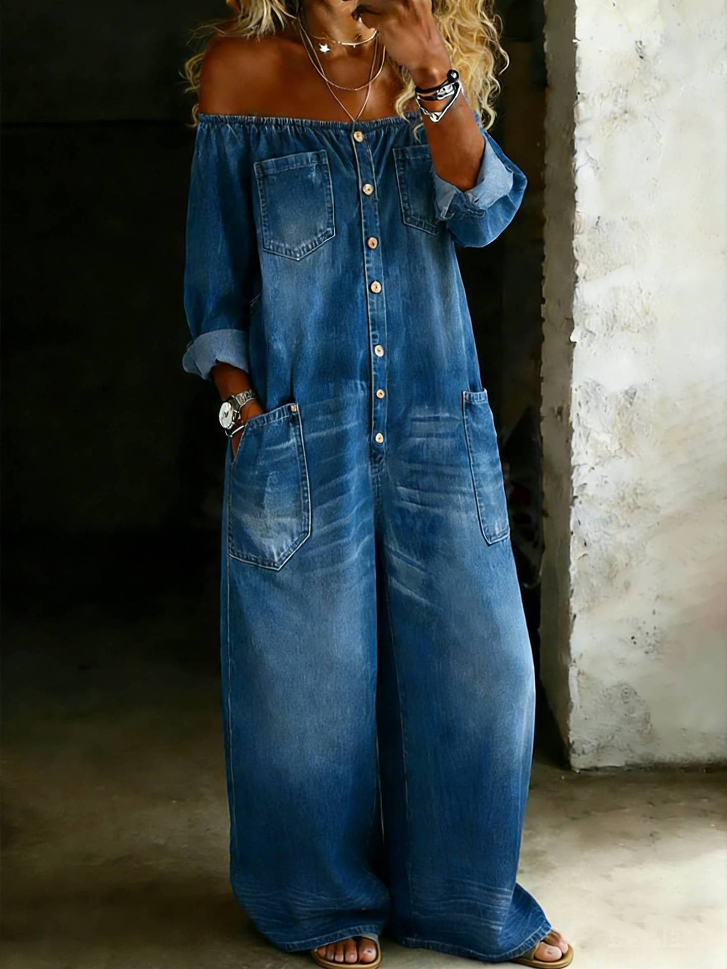Amanda | One Piece Denim Shirt Jumpsuit