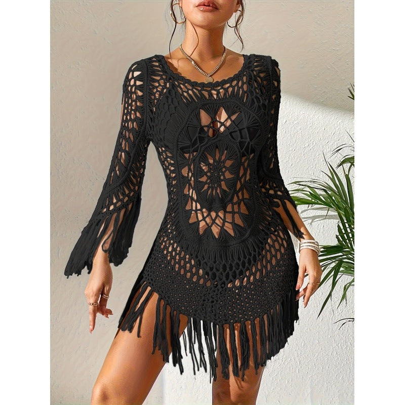 Omene | Crochet Fringe Bell Sleeve Cover Up Mini Dress
