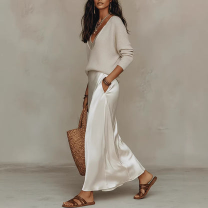 Luciana | Bias Fall Satin Skirt Knit Layer Set