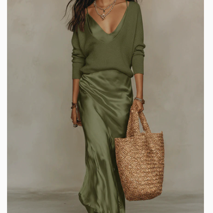 Luciana | Bias Fall Satin Skirt Knit Layer Set