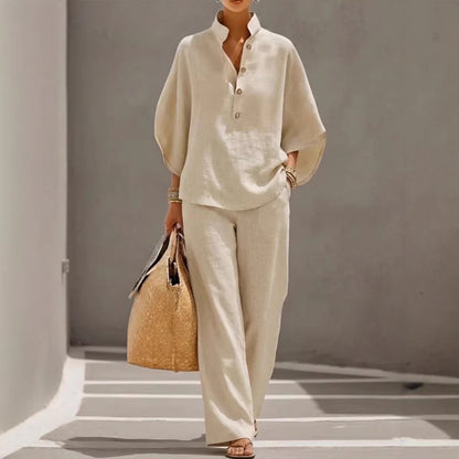 Maribel | Linen Set With Batwing Sleeves And Wide Pants