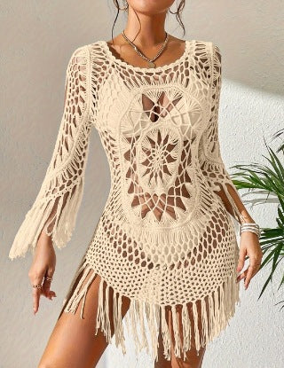 Omene | Crochet Fringe Bell Sleeve Cover Up Mini Dress