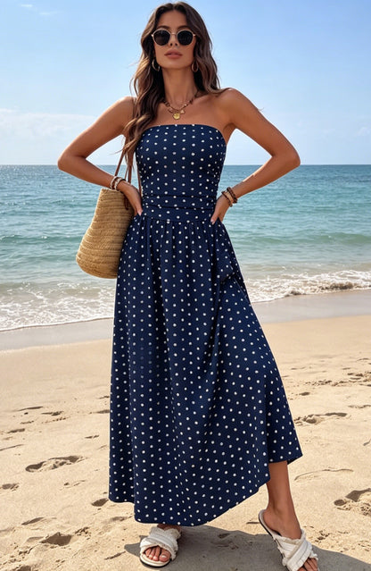 Sorien | Strapless Polka Dot Pattern Midi Dress