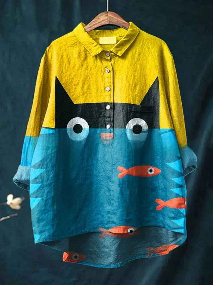 Lunara | Women’s Cat & Fish Print Colour-Block Oversized Longline Blouse