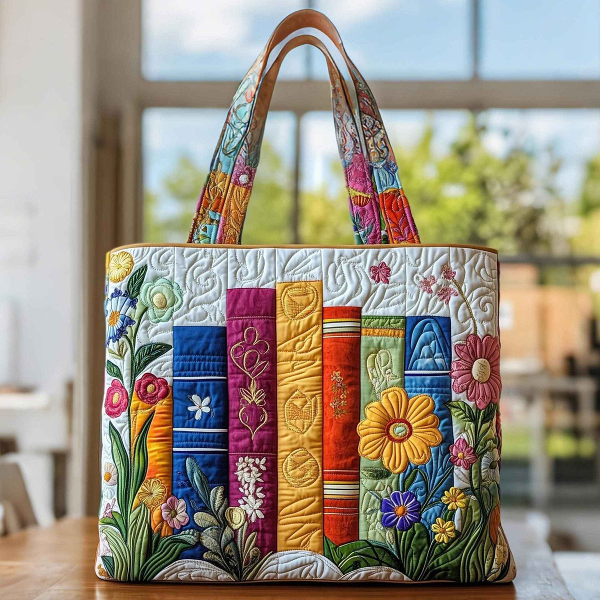 LiteraryLoom | Quilted Floral Bookshelf Tote Bag - Colorful Book Lover Handbag
