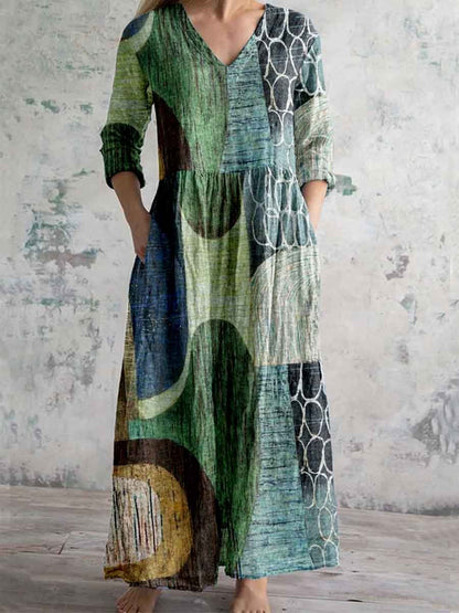 Womens V-Neck Printed Midi Dress