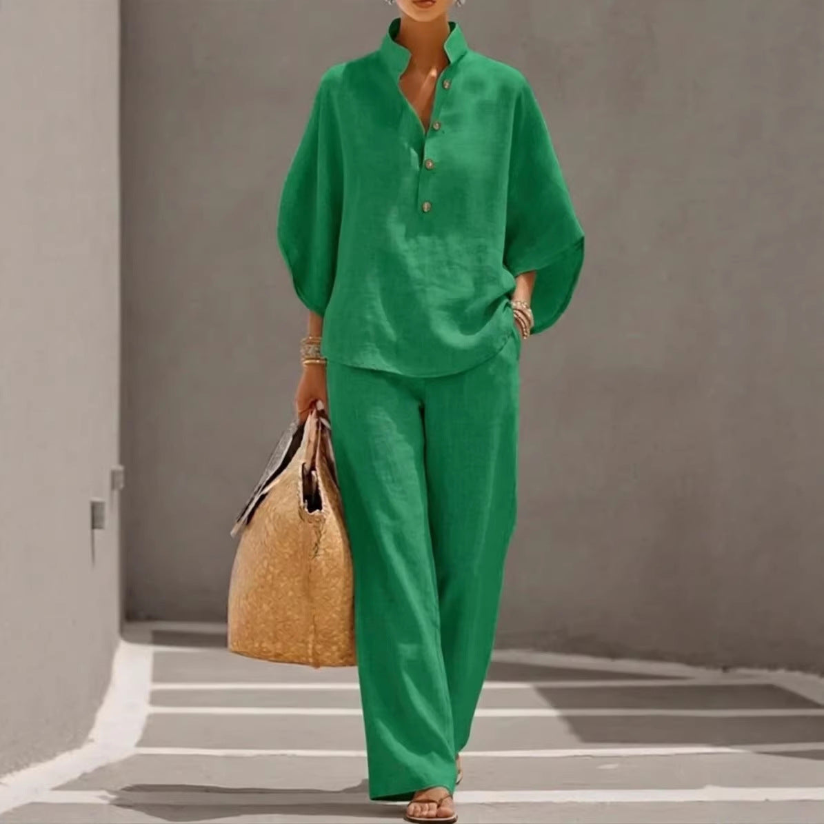 Maribel | Linen Set With Batwing Sleeves And Wide Pants