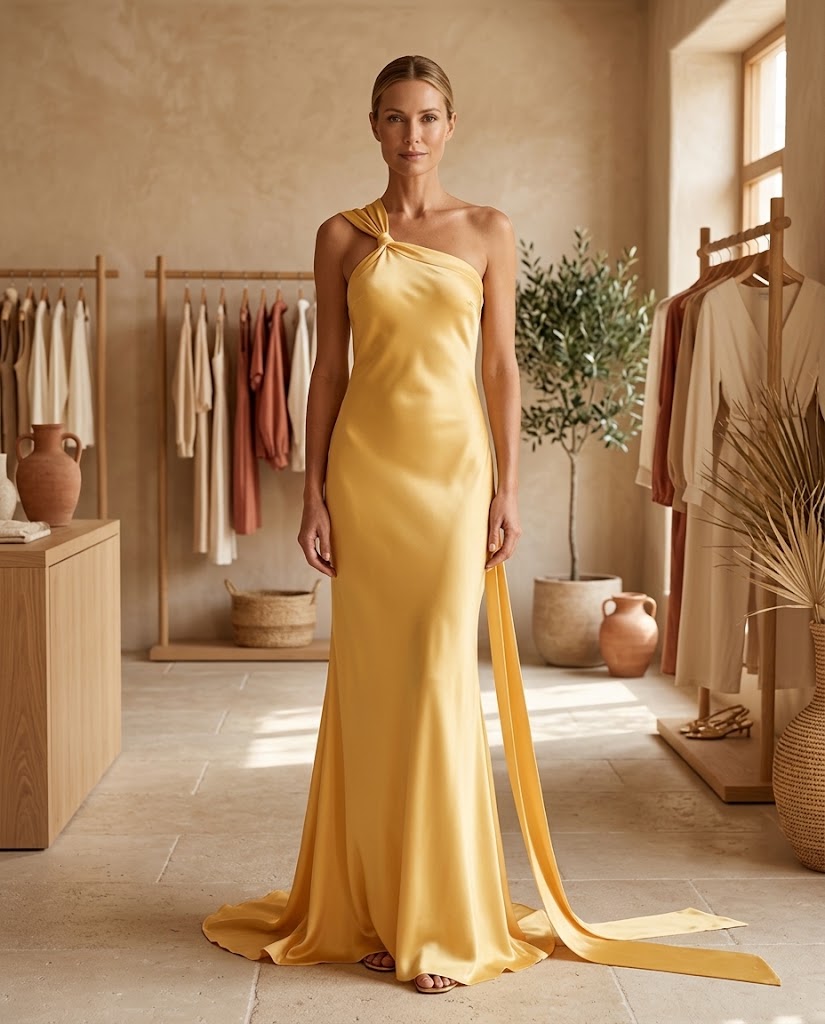 SoleilSilk | Yellow Satin One Shoulder Maxi Dress - Elegant Wedding Guest Gown Threadded