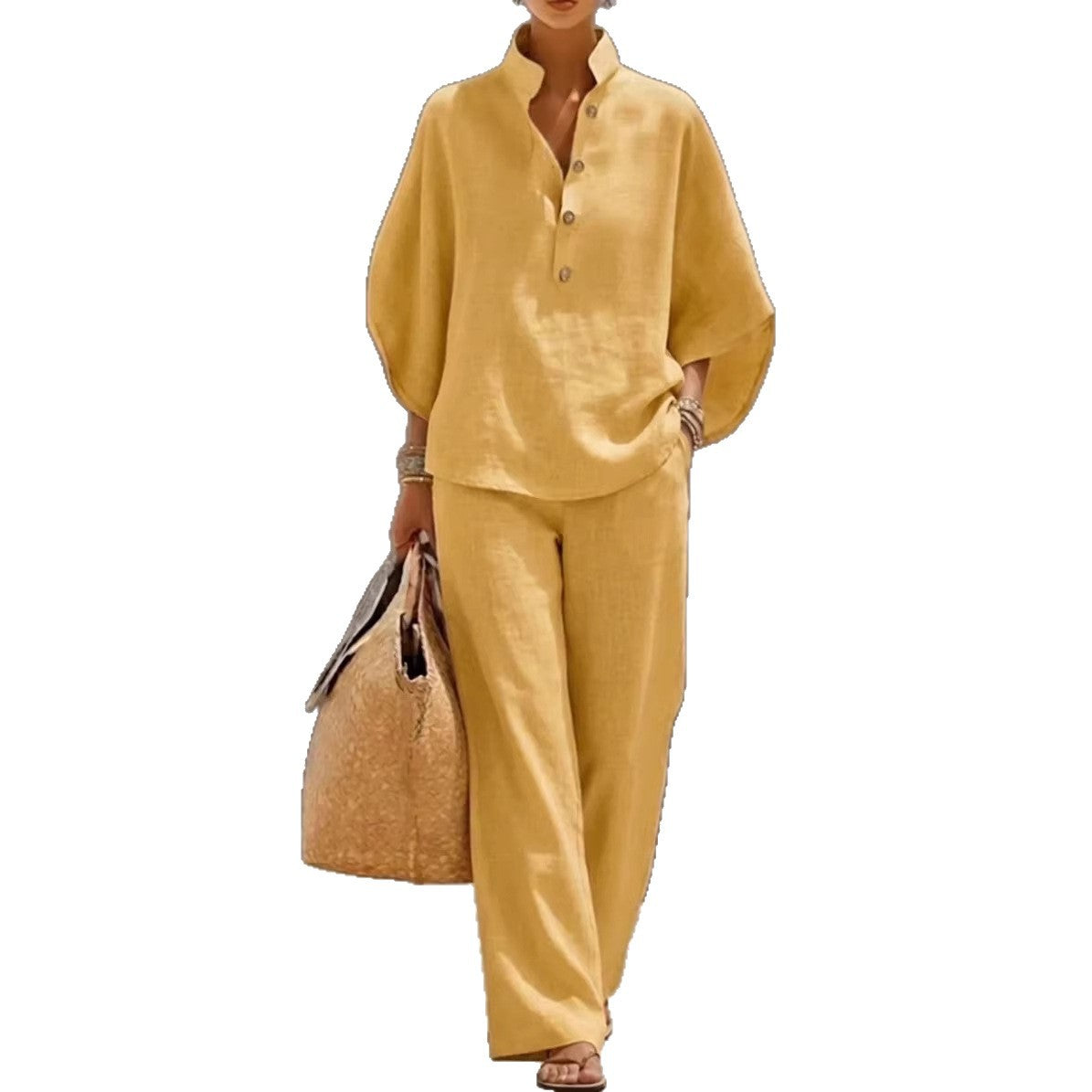 Maribel | Linen Set With Batwing Sleeves And Wide Pants