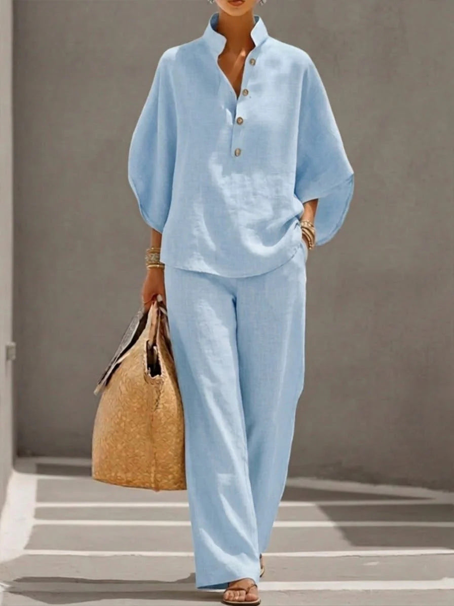 Maribel | Linen Set With Batwing Sleeves And Wide Pants