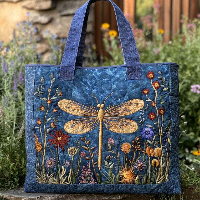 MeadowWing | Embroidered Dragonfly Quilted Tote Bag - Botanical Wildflower Handbag