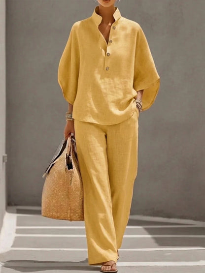 Maribel | Linen Set With Batwing Sleeves And Wide Pants