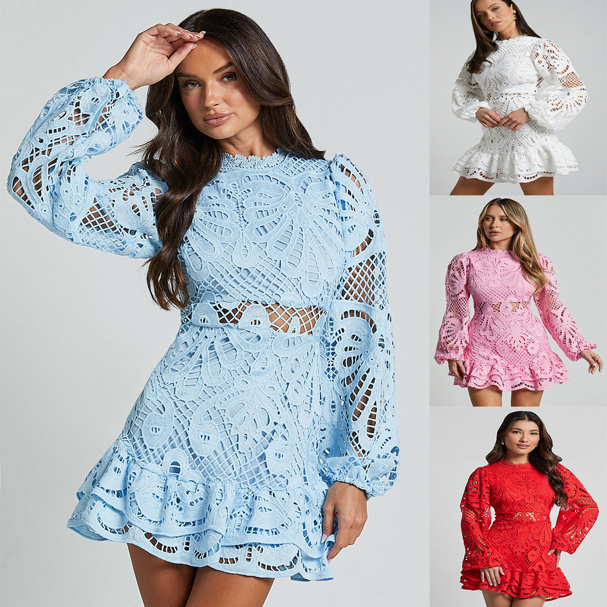 Izmane | Floral Lace High Neck Long Sleeve Mini Dress