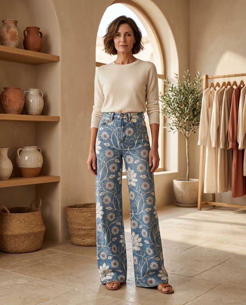 FloraDrift | Vintage Floral Vine Wide Leg Jeans - Boho Botanical Denim Threadded