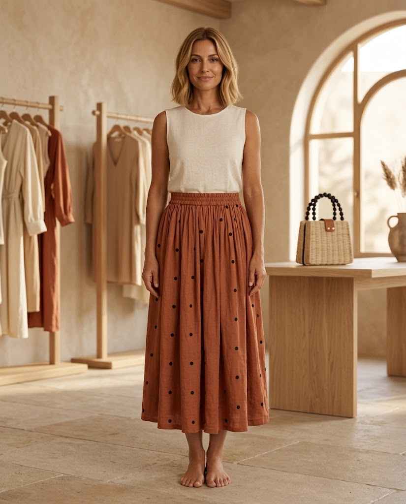 Women?s Cotton-Linen Floral A-Line Midi Skirt ? Elastic Waist