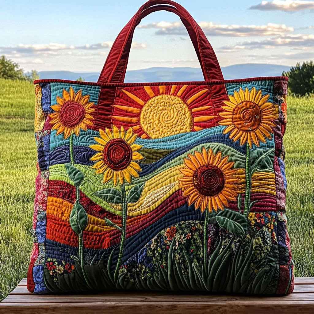Zelvoria Sunflower Meadow Quilted Tote Bag – Colourful Embroidered Patchwork Handbag for Women