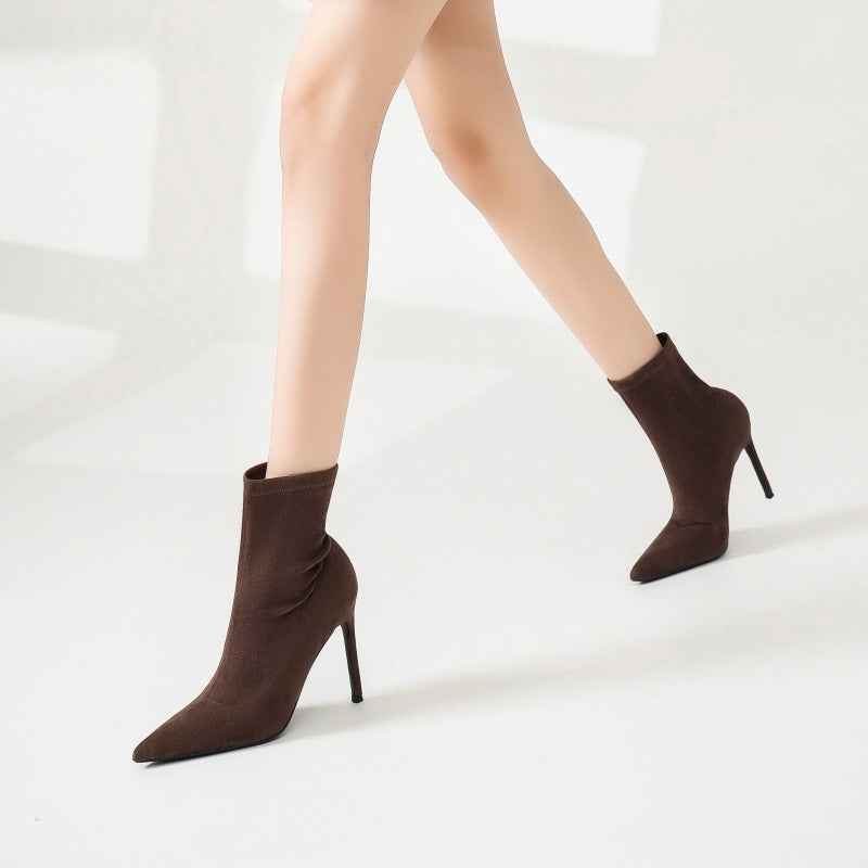 LuxeStride | Chocolate Brown Pointed Toe Sock Boots - Sleek Minimalist Ankle Booties