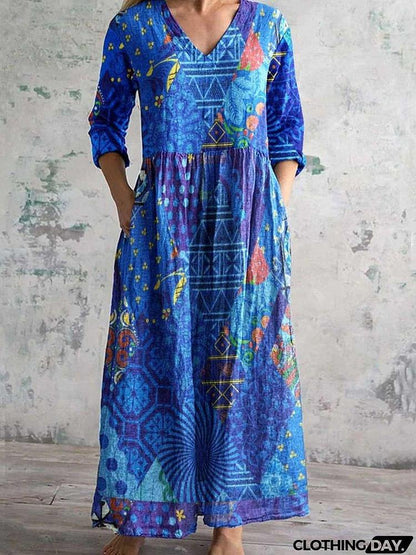 Womens V-Neck Printed Midi Dress