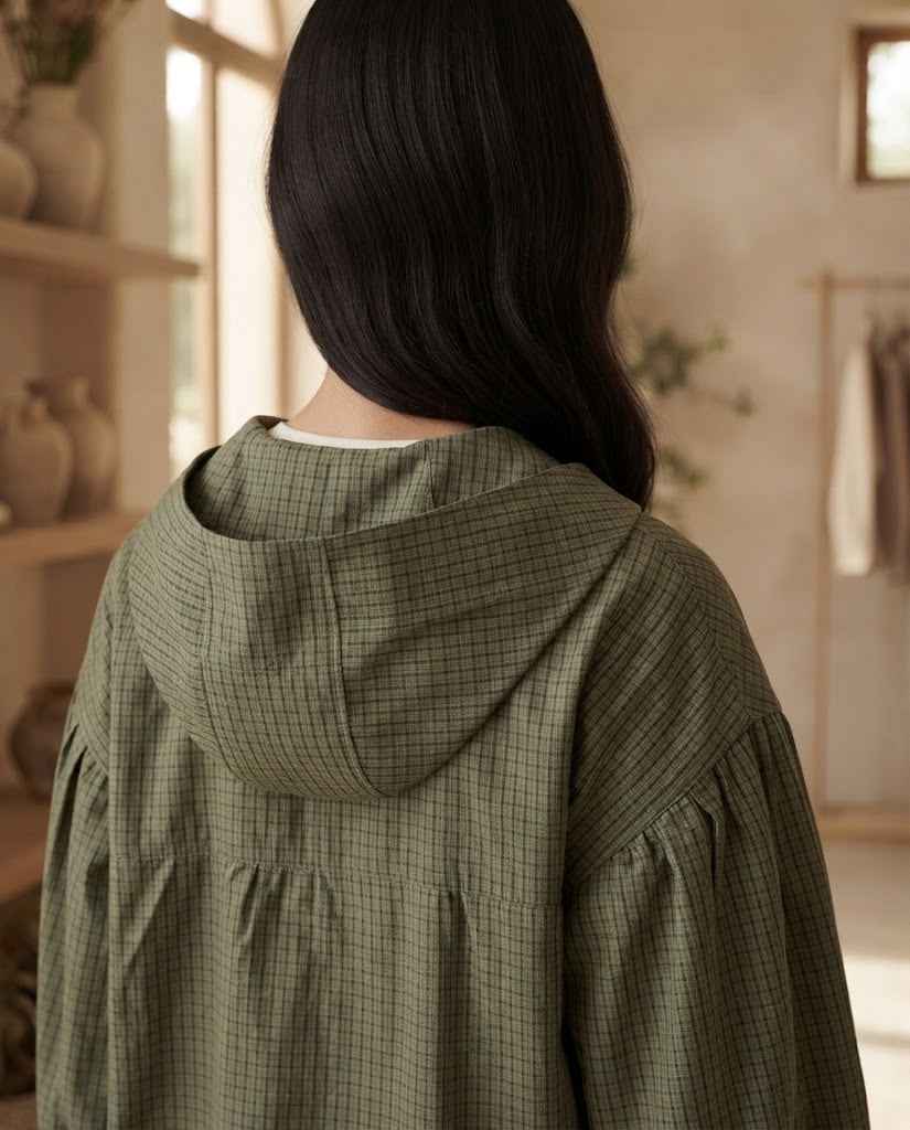 Elise | Vintage Plaid Long Sleeve Hooded Zip Crop Top Blouse