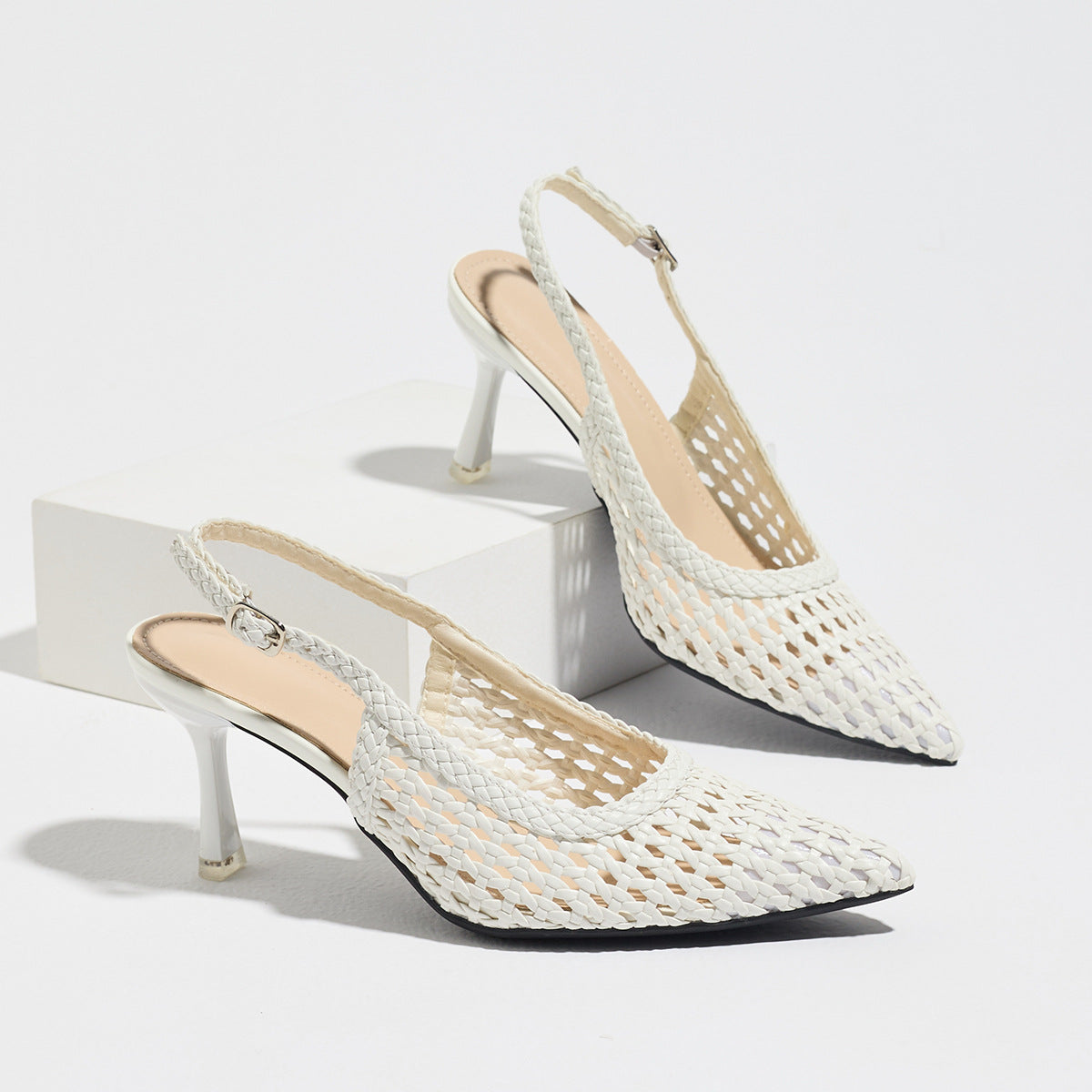 TerraWeave | Woven Tan Slingback Heels - Pointed Toe Boho Summer Pumps