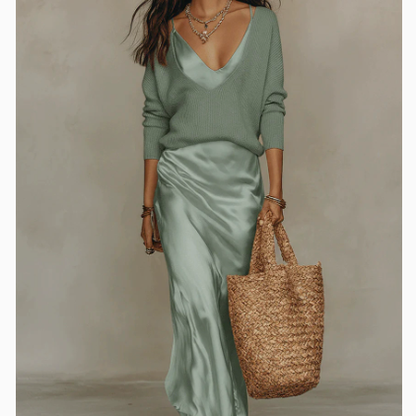 Luciana | Bias Fall Satin Skirt Knit Layer Set