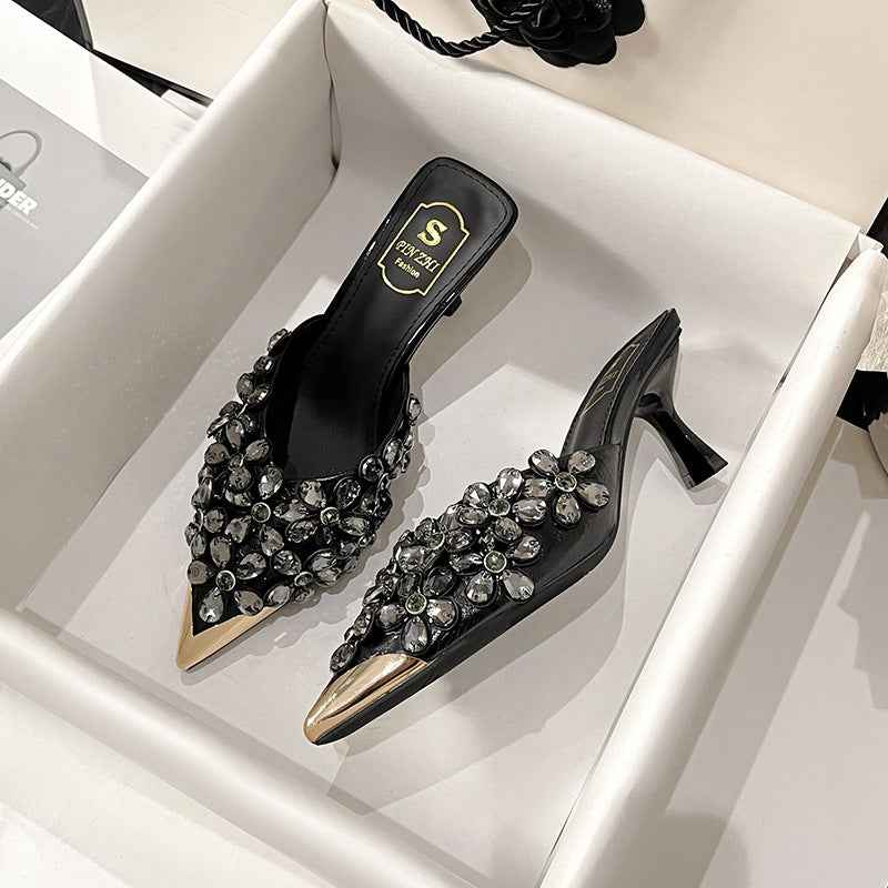 OnyxBloom | Black Crystal Embellished Mules - Glam Floral Pointed Toe Heels
