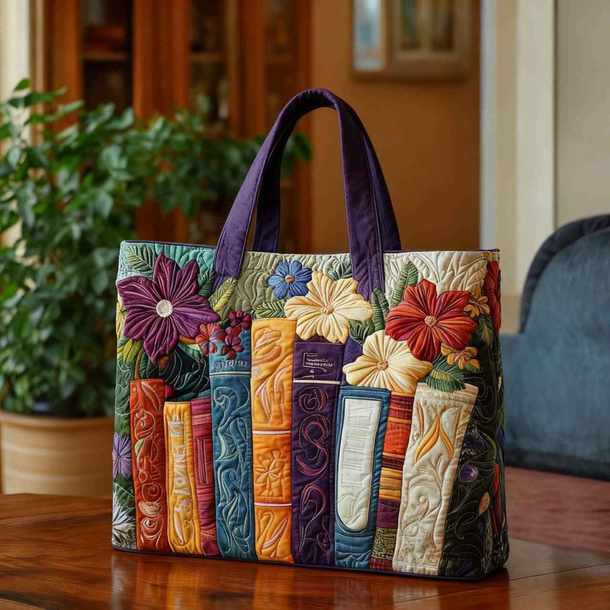StoryWeave | Floral Bookshelf Quilted Tote Bag - Book Lover Handbag