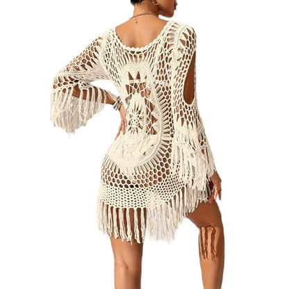 Omene | Crochet Fringe Bell Sleeve Cover Up Mini Dress