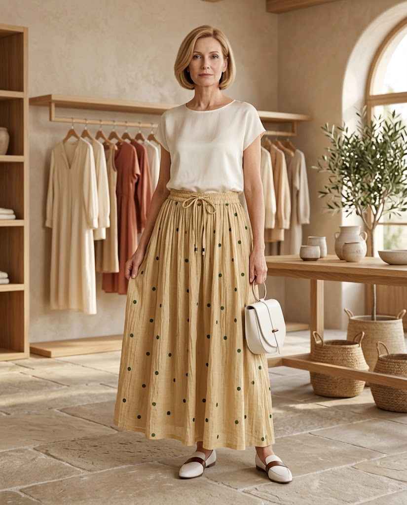 Women?s Cotton-Linen Floral A-Line Midi Skirt ? Elastic Waist