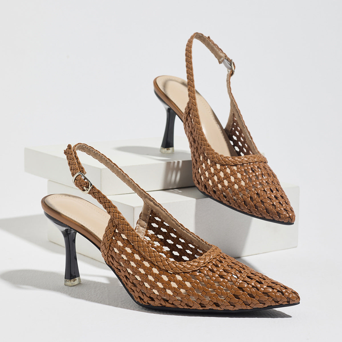 TerraWeave | Woven Tan Slingback Heels - Pointed Toe Boho Summer Pumps