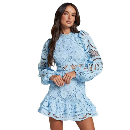 Izmane | Floral Lace High Neck Long Sleeve Mini Dress