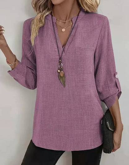Womens Casual Loose V Neck Solid Color Shirt