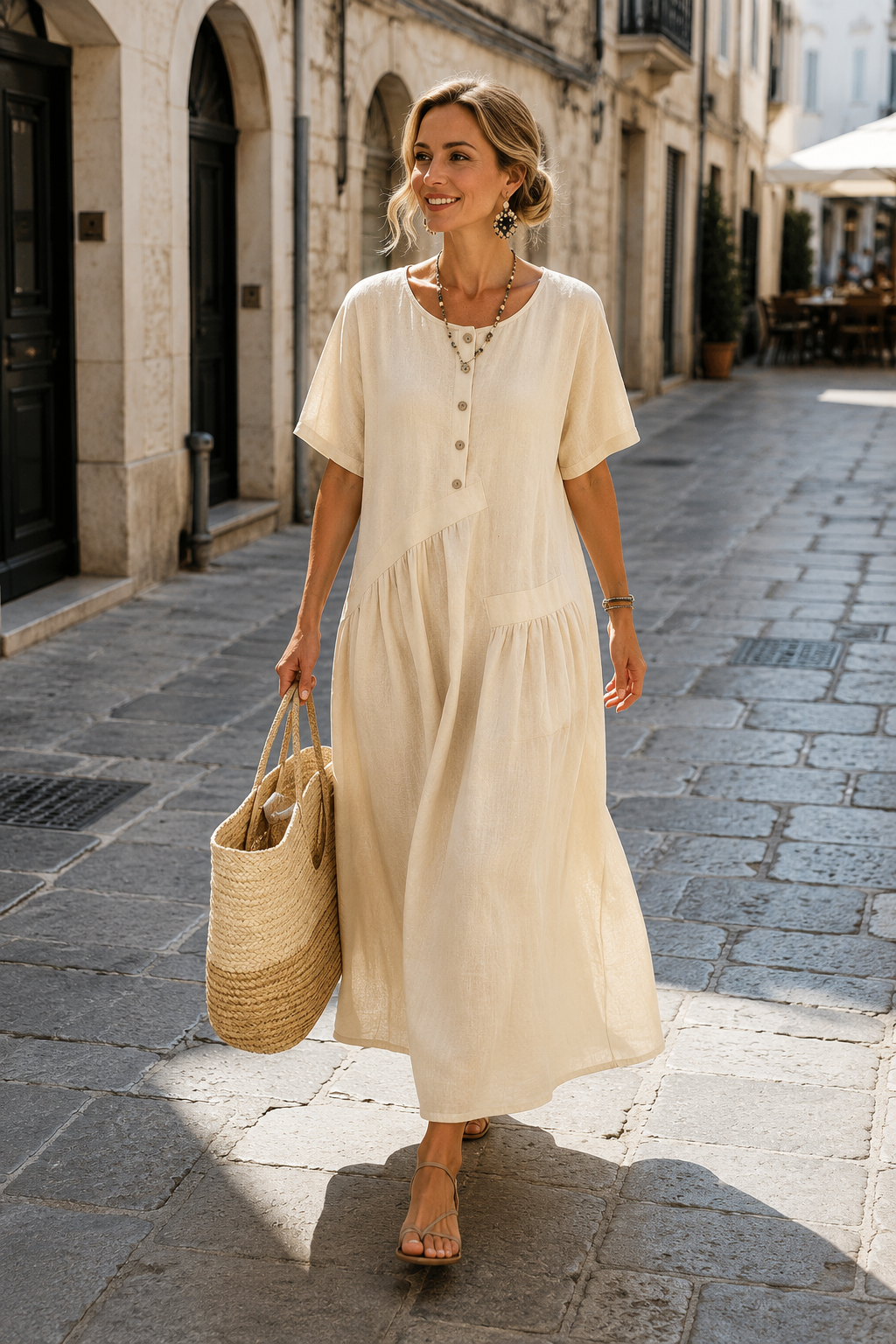 Womens Cotton Linen Maxi Dress with Button Front | Elegant Summer Dress - Threadded