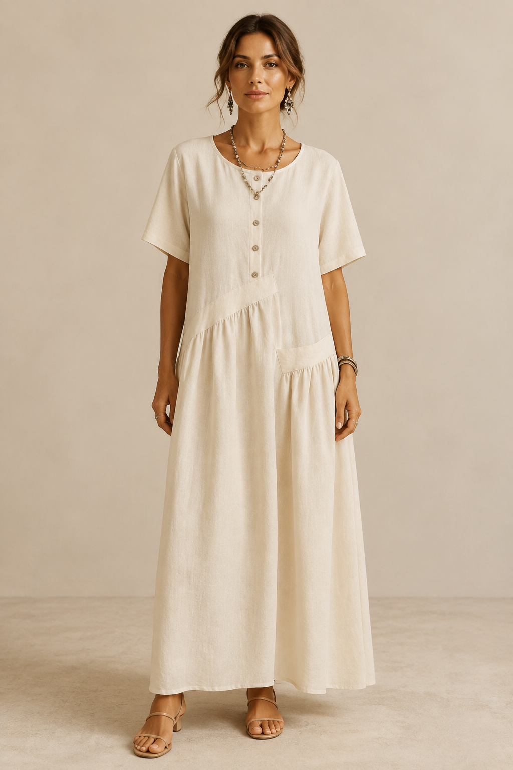Womens Cotton Linen Maxi Dress with Button Front | Elegant Summer Dress - Threadded