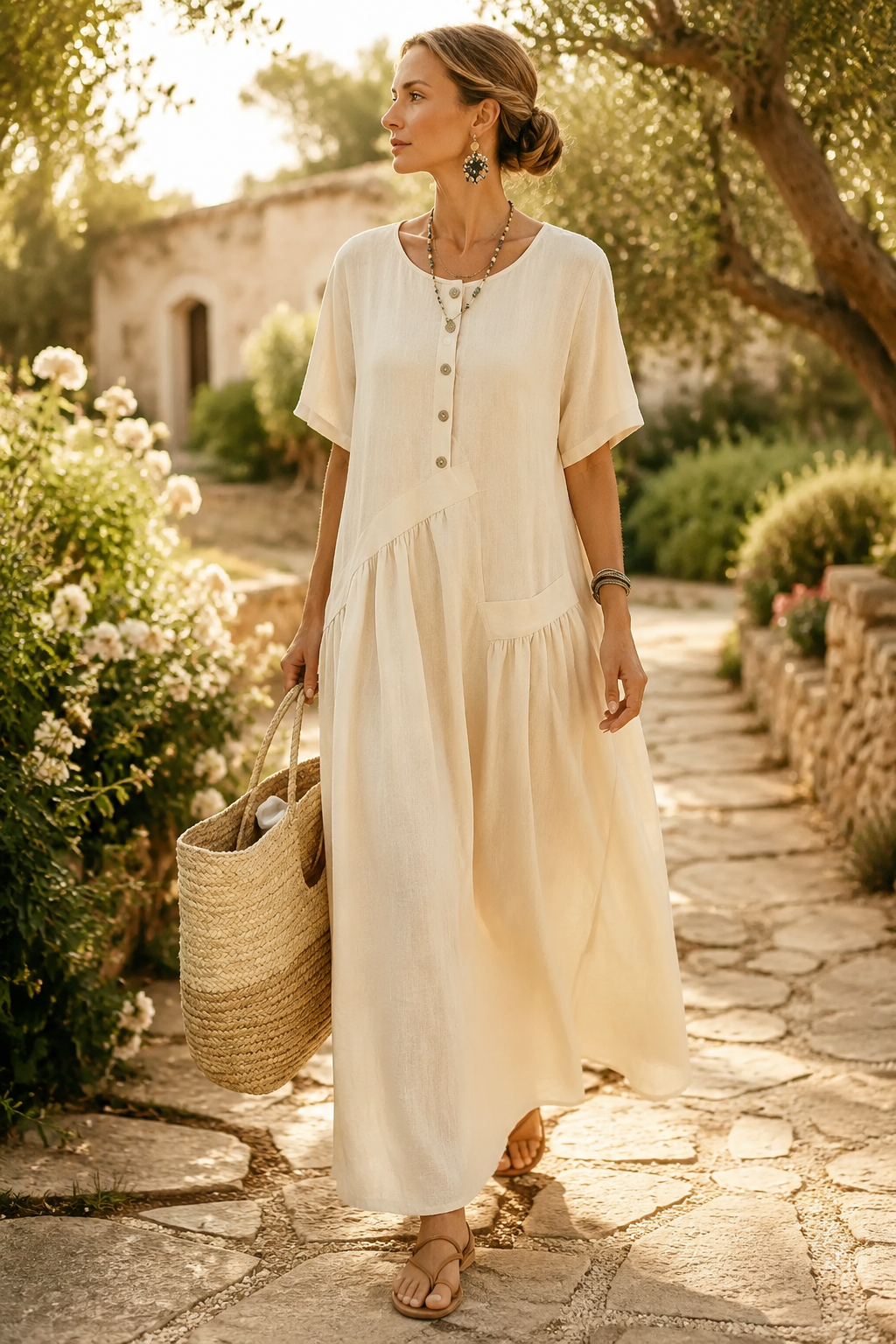 Womens Cotton Linen Maxi Dress with Button Front | Elegant Summer Dress - Threadded