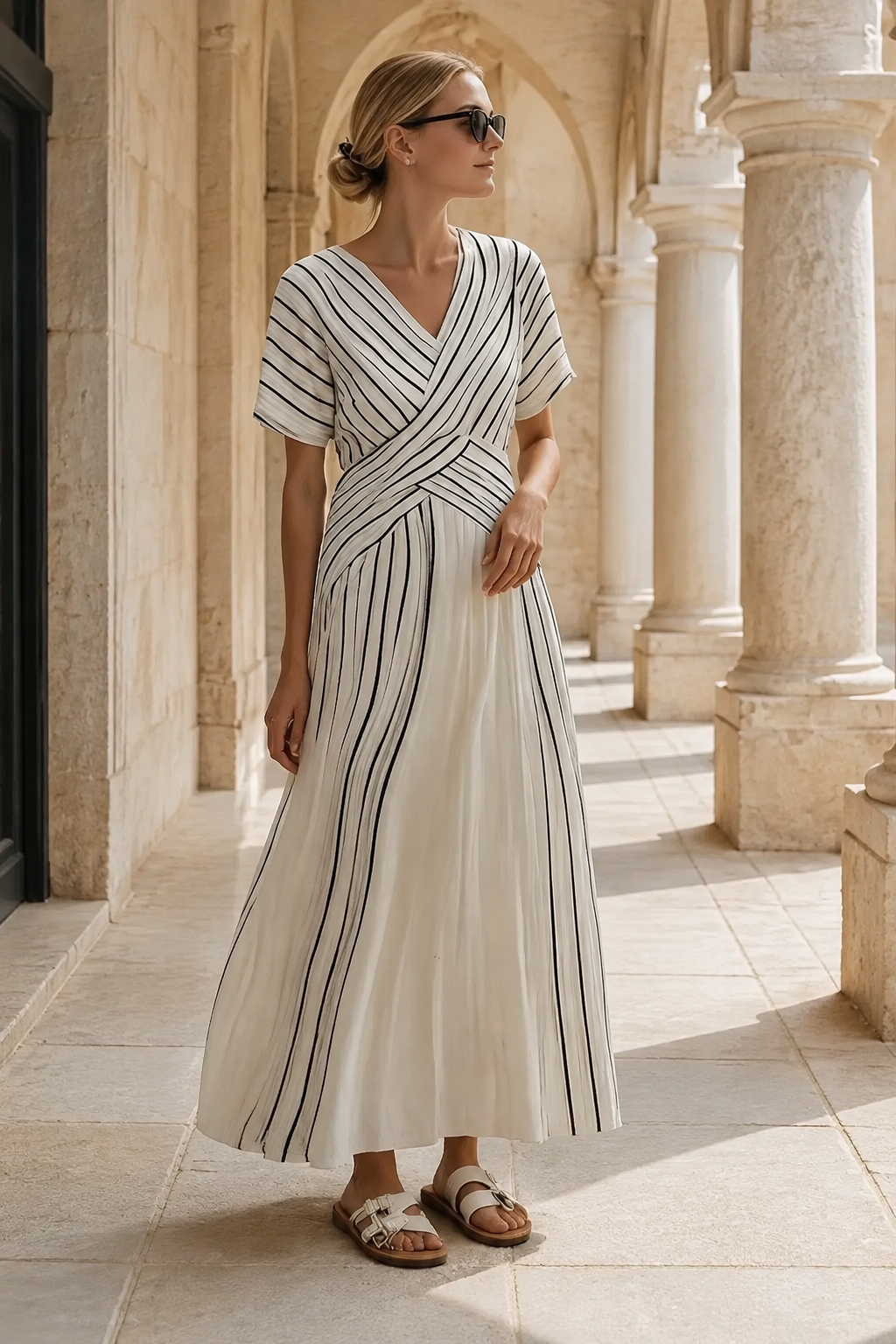 Thalassa | V Neck Short Sleeve Wrap Waist Midi Dress - Threadded