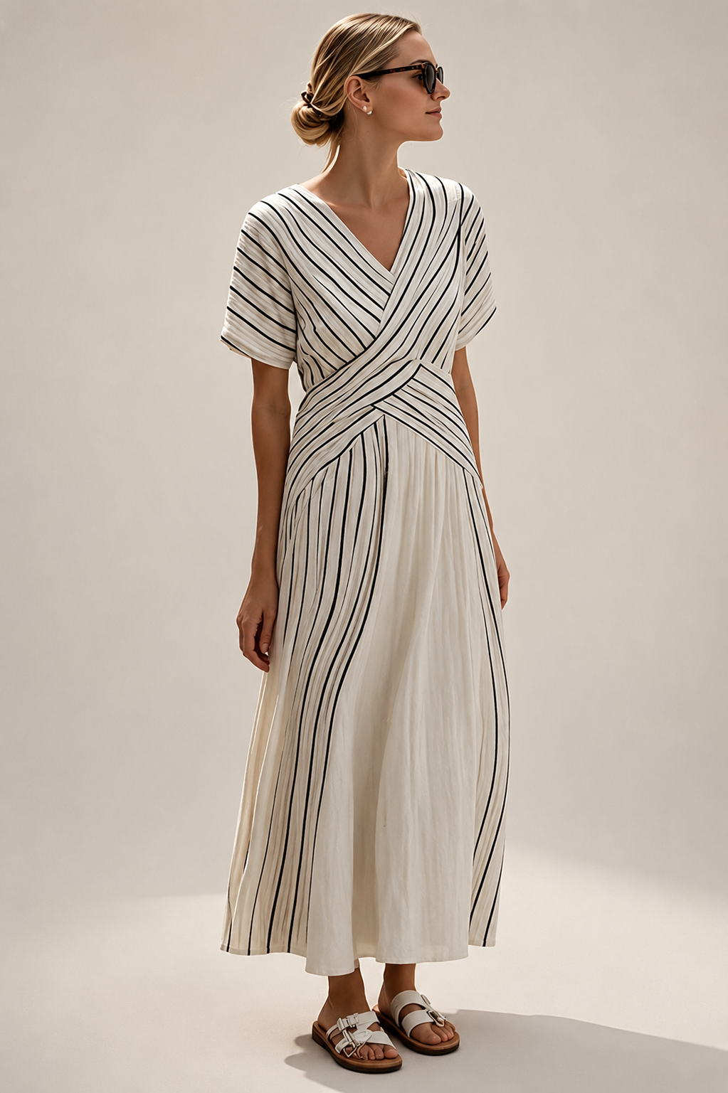 Thalassa | V Neck Short Sleeve Wrap Waist Midi Dress - Threadded