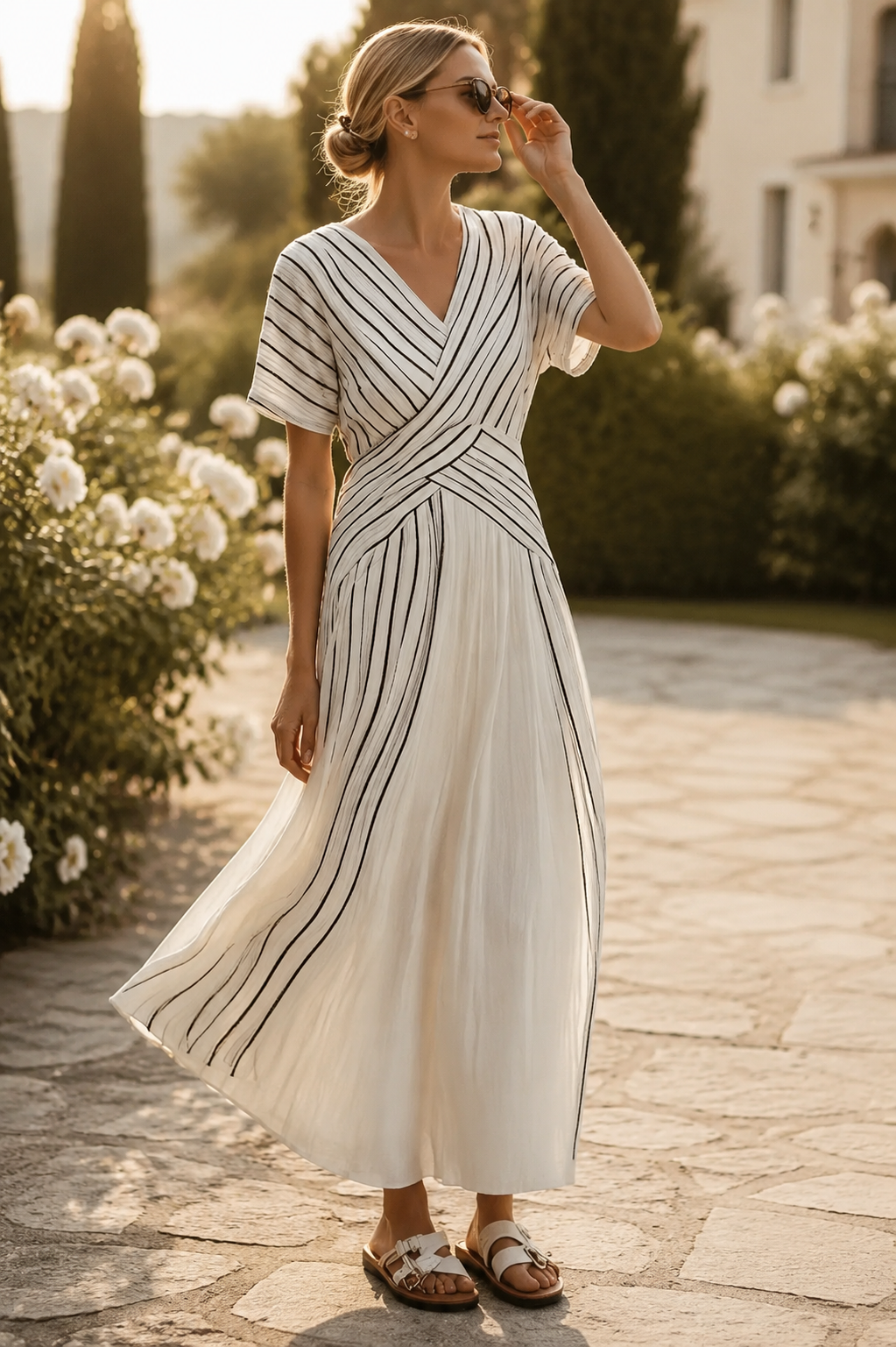 Thalassa | V Neck Short Sleeve Wrap Waist Midi Dress - Threadded