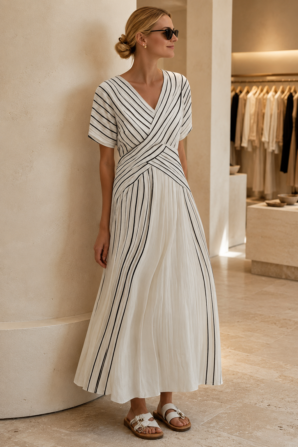 Thalassa | V Neck Short Sleeve Wrap Waist Midi Dress - Threadded