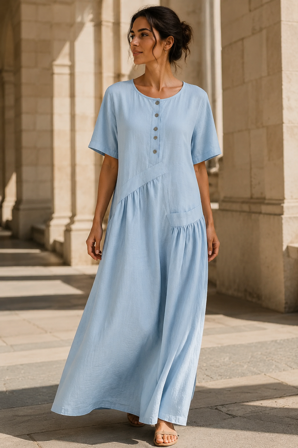 Womens Cotton Linen Maxi Dress with Button Front | Elegant Summer Dress - Threadded