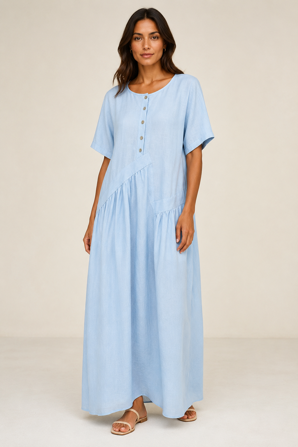Womens Cotton Linen Maxi Dress with Button Front | Elegant Summer Dress - Threadded
