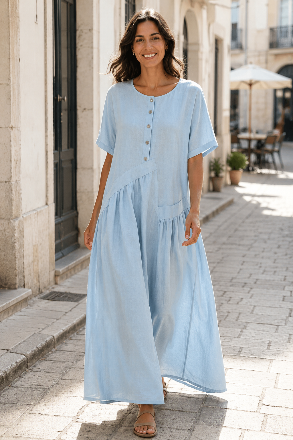 Womens Cotton Linen Maxi Dress with Button Front | Elegant Summer Dress - Threadded